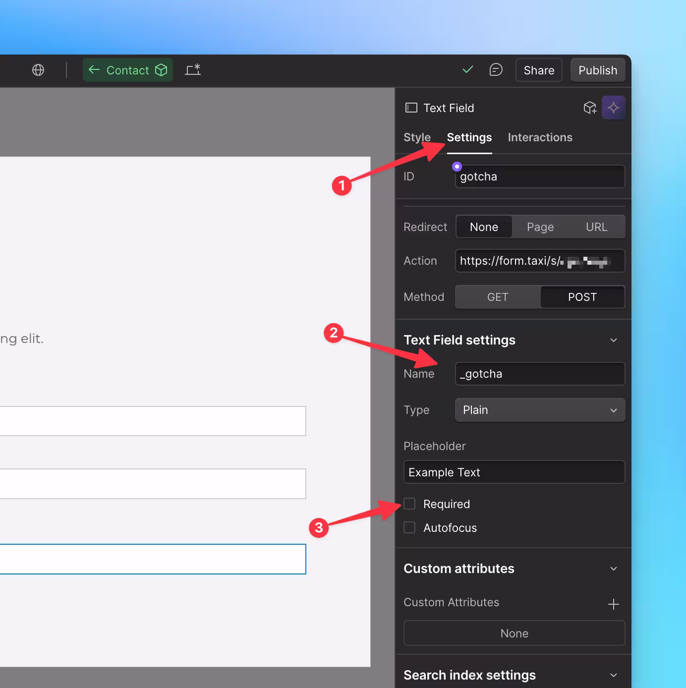 Screenshot Webflow Honeypot Settings