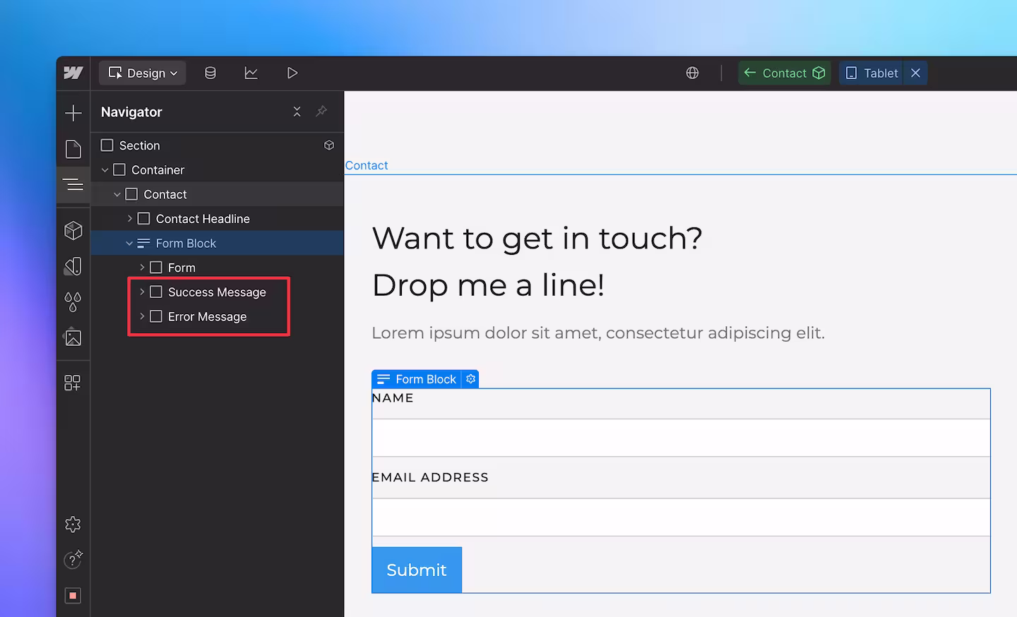 Screenshot Webflow Message Elements