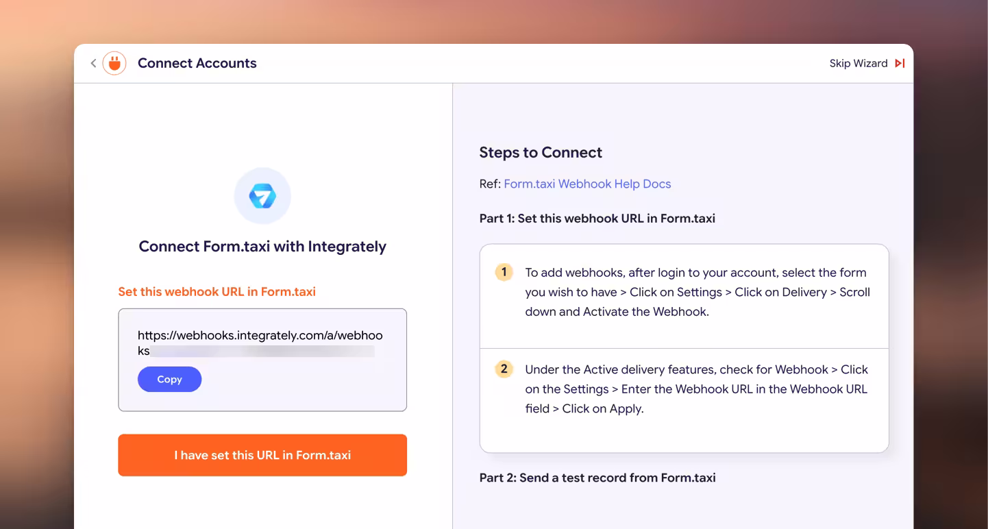 Screenshot Integrately Create Form.taxi Connection